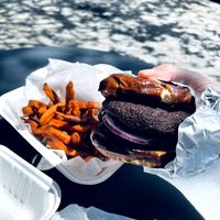 Falafel burger with sweet potato fries at Grandeur in Oakland