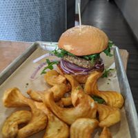 Lamb burger and regular fries at Grandeur in Oakland