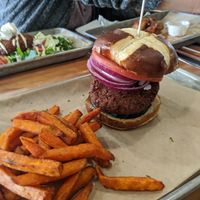 Falafel burger and sweet potato fries at Grandeur in Oakland