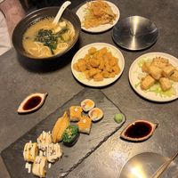 Miso ramen with enoki tempura, sushi platter, popcorn chick’n and crunchy tofu  at Kusa Japanese Vegan- Bukit Bintang in Kuala Lumpur
