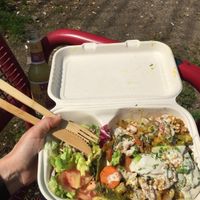 lemonade and bowl with baked veggies, avo, basmati, salad, tahini sauce  at fruchttick in Stuttgart