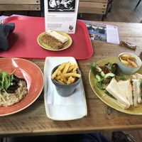 Risotto and a sandwich with a side of chips at The Donkey Sanctuary in Sidmouth