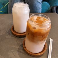 Iced almond lychee and oat milk iced pink banana latte at Ngopi in Birmingham