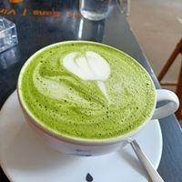 Matcha latte with oat or peas milk at Drukarnia in Gdansk
