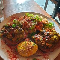 "Avacado toast" the hummus (yellow) was to die for at Personne n'est parfait in Bordeaux