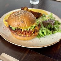“KimCheese” burger with tempeh, pomme frites, and a delicious citrus sauce.  at Monkey Mood in Bordeaux