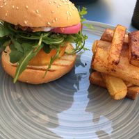 Burger with squash, aragula, pickeled onions. Side of fries at Monkey Mood in Bordeaux