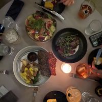 Cashew burrata, drinks and salad   at Public Records in Brooklyn