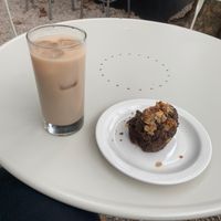 Chai oat iced latte. GF buckwheat cinnamon apple oat muffin!  at Public Records in Brooklyn