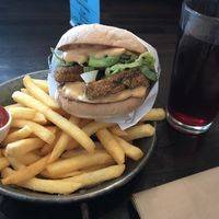 Crumbed mushroom burger with fries  at Moon Under Water in Christchurch