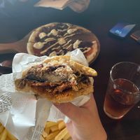 Mushroom burger (way better than it looks in this pic), fries and pizza  #Veganuary at Moon Under Water in Christchurch