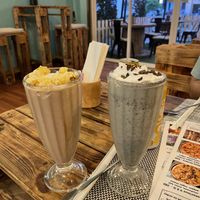 (Left) salted caramel milkshake. (Right) mint choc chip milkshake #Veganuary at Vegan Junkie in Phuket