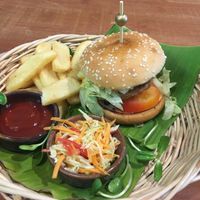 Oink-Free Burger with reg chips at Vegan Junkie in Phuket