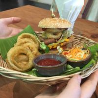 BBQ Bakon burger with onion rings  at Vegan Junkie in Phuket