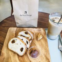 Glutenfree figbread with chocopaste and iced latte with coconut milk at For Four Bread 포포브레드 in Seoul