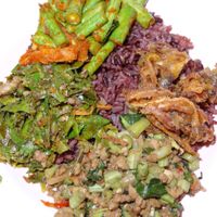 Brown rice with three different vegetable dishes at Mang Sawirat in Tak