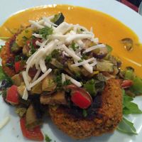 Vegan grain patties on vegetables with vegan cheese at Zum Kühlen Grund in Freinsheim