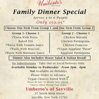 Family Dinner Special July 2022 at Umberto's in Sayville