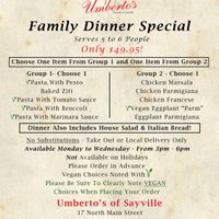 Family Dinner Special with Vegan Options at Umberto's in Sayville