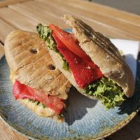 Vegan Sandwich with salad, tomato, bell pepper (5.30€) at Tomo Cafè in Dusseldorf