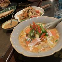 Delicious vegan red curry & roti with peanut paste. Papaya salad is not vegan (contains fish sauce)   at @Thai in Queenstown