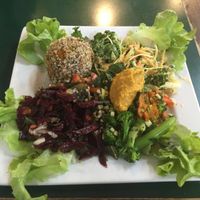 Rice ball with a variety of salads - all vegan and tasty!  at Snoogies Health Bar in Cairns
