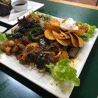 Large vegan mixed plate of curries and salad  at Snoogies Health Bar in Cairns