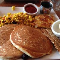 The Weekender: pancakes (I added blueberries), tempeh bacon, scrambled tofu, hash browns at Real Food Daily in Santa Monica