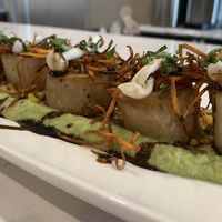 These Trumpet Mushroom “Scallops” are so flavorful and delicious! Edamame puree, fried sweet potatoes, roasted corn, picked enoki mushrooms, shiso, balsamic glaze (V)
 at Cafe Coeur in Creve Coeur