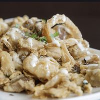 Mixed Mushroom Fry-up 
Dashi marinated & breaded cremini, shiitake, oyster mushrooms, shallots; Japanese mayo, mixed herbs [(V) without mayo]
 at Cafe Coeur in Creve Coeur