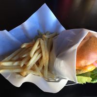 Chickpea burger with side of fries at Chip's Loft in Footscray