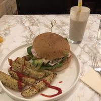 Quinoa burger with avocado and potatoes  at VeganE & Saint Vegan in South West London