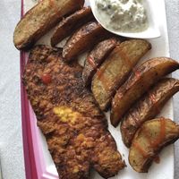 Tempeh ‘fish’ with tartare sauce and chunky skin on wedges at VeganE & Saint Vegan in South West London