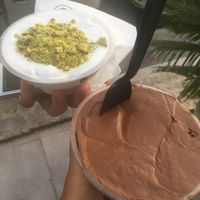 Coconut ice cream with pistachio and chocolate ice cream; both vegan at Four Winters in Amman