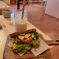 "chicken"  bocadillo and banana shake at Mukka Coffee in Mallorca