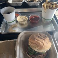 Spartan, nearest, and the Magic Mushroom, far-side, with fries and dirt balls in the middle at Dirt Burger in Des Moines