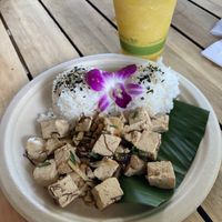 Vegan Tofu Poke “Bowl” and Passion Fruit Smoothie  at Barefoot Beach Cafe in Honolulu