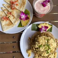 vegan loco moco, vegan quesadilla and smoothie   at Barefoot Beach Cafe in Honolulu