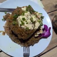 Vegan loco moco burger with fried rice at Barefoot Beach Cafe in Honolulu