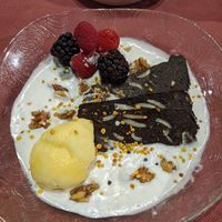 Vegan gf brownie w/ passion fruit sorbet at Masero in Huelva