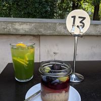 chocolate mousse dessert with fresh fruit at Iluzjon Café Bar in Warsaw