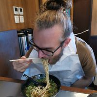 Shovelling and enjoying! at Menbaka Fire Ramen めん馬鹿 in Kyoto