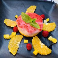 Dessert. 
Icecream, mango, raspberry, cocos.  at Humphrey's  in Zwolle