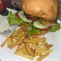 Vegan 'beef’ burger with fries  at Sapa Classic Vegan in Sapa