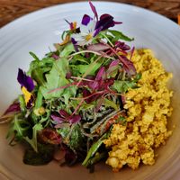 Pasta bowl with scrambled tofu at Koo-ee Cafe in Glasgow