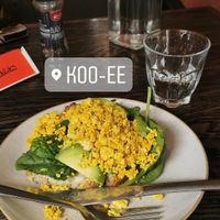 Scrambled tofu on toast with spinach, avocado and cheeze! at Koo-ee Cafe in Glasgow