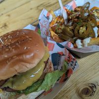 The Big Kahuna burger and Spicy Loaded Fries at Herbivorous in Sheffield