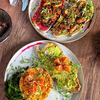 Balsamic mushrooms on toast and tofu scramble toast  at Coco Bowl in Salento