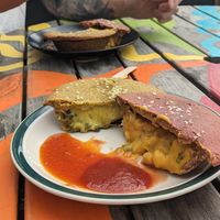 Cheesy lentil and curry pumpkin Sate pies at Rainbow Kitchen in Lower Moutere