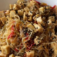 Vegan japchae with added homemade tofu at Gabfoods in Istanbul